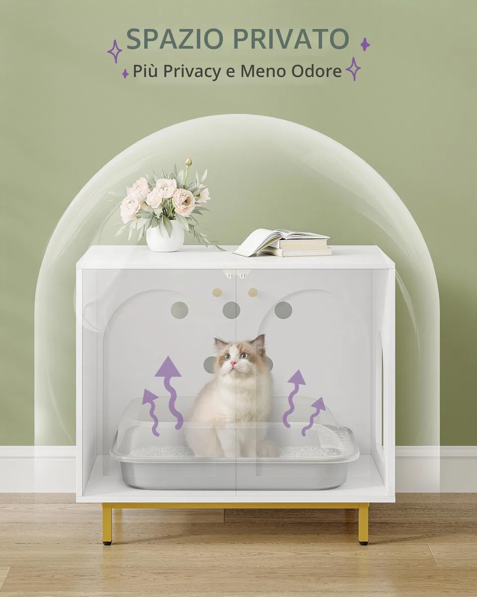 Hzuaneri Casa Della Toilette Per Gatti, Mobile Nascosto, Tavolino in Legno per Animali Domestici, Panca per Armadietto, Adatto Alla Maggior Parte dei Gatti, 80 x 55 x 70 cm, Bianco e Oro CB85003G