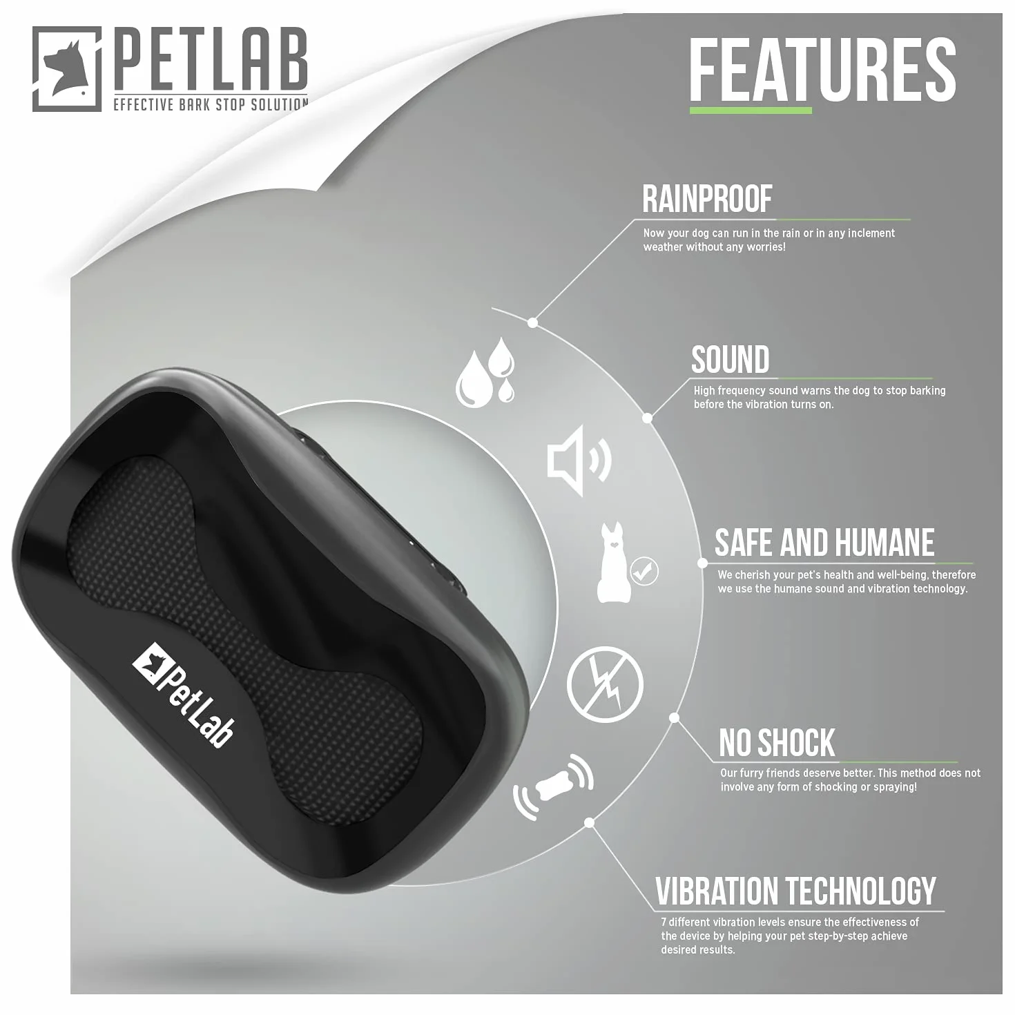 PetLab Collare Antiabbaio per Cani Collari Addestramento Collare Anti Abbaio Cani di Piccola Grande Talia Vibrazione Educativo Stop Abbaiare Dispositivo Antiabbaio Cane Anti Bark Collar