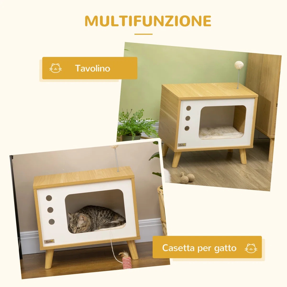 PawHut Casetta per Gatti a forma di Televisore con Cuscino e Pallina Giocattolo, Mobile da Soggiorno in Truciolato, 50x28x43 cm