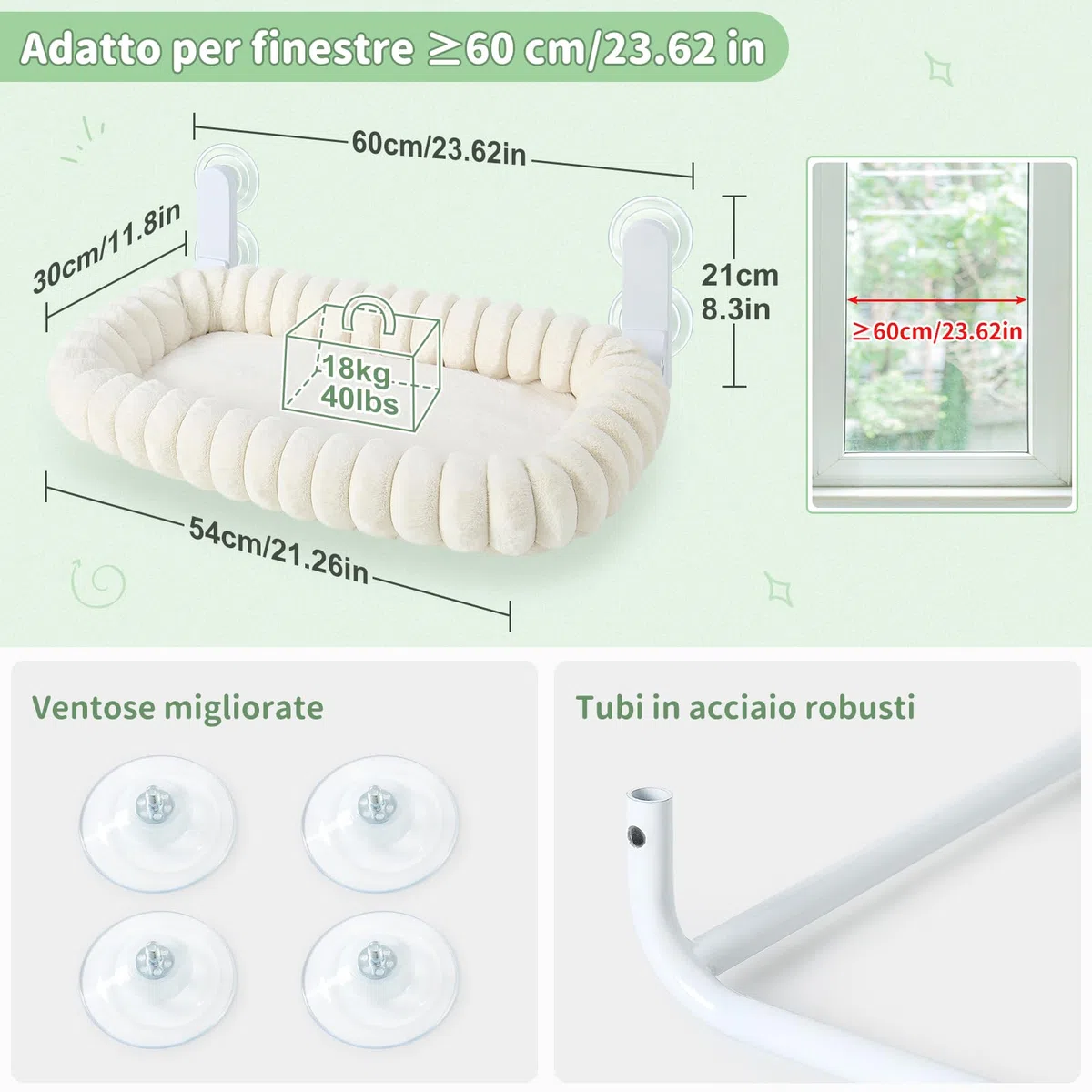 GUUSII HOME Amaca per Gatti da Finestra Pieghevole Amaca Cuccia Gatto Grande Interno Letto per Gattini Sospeso con Ventosa Forte Lavabile in Lavatrice Facile da Montare 54 * 30cm (Bianco, M)