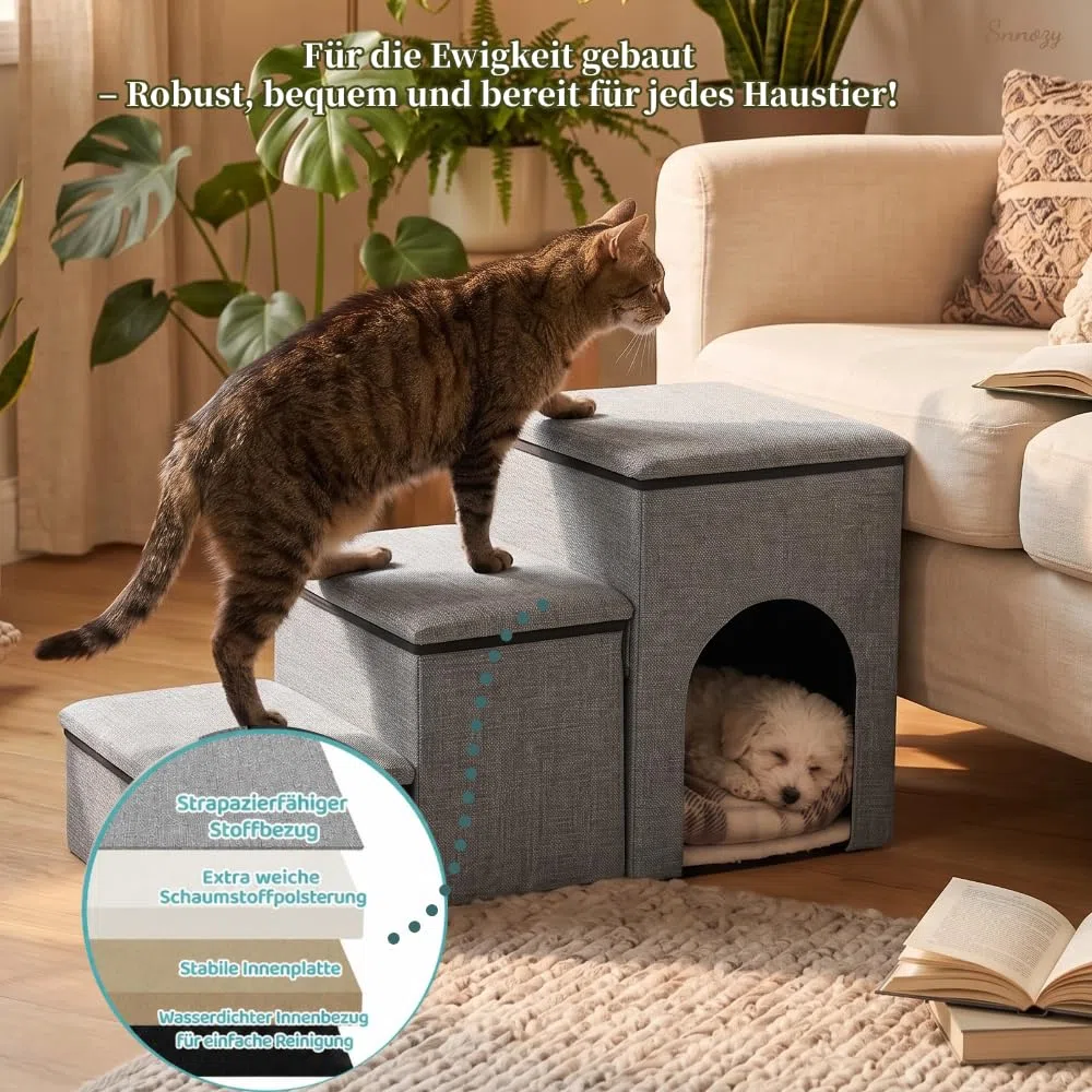 Scaletta Per Cani Scala Per Rampa Per Cani Piccoli con Vano Portaoggetti e Apertura per Gatti, Scaletta Pieghevole Ampia con Base Antiscivolo Letto e Divano (Grigio)