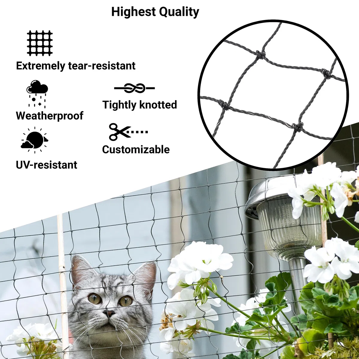 Rete per gatti per balcone, 4 x 3 m, rete da balcone rinforzata con filo per gatti, materiale di fissaggio, protezione sicura per gatti, balcone senza foratura, rete di sicurezza per gatti