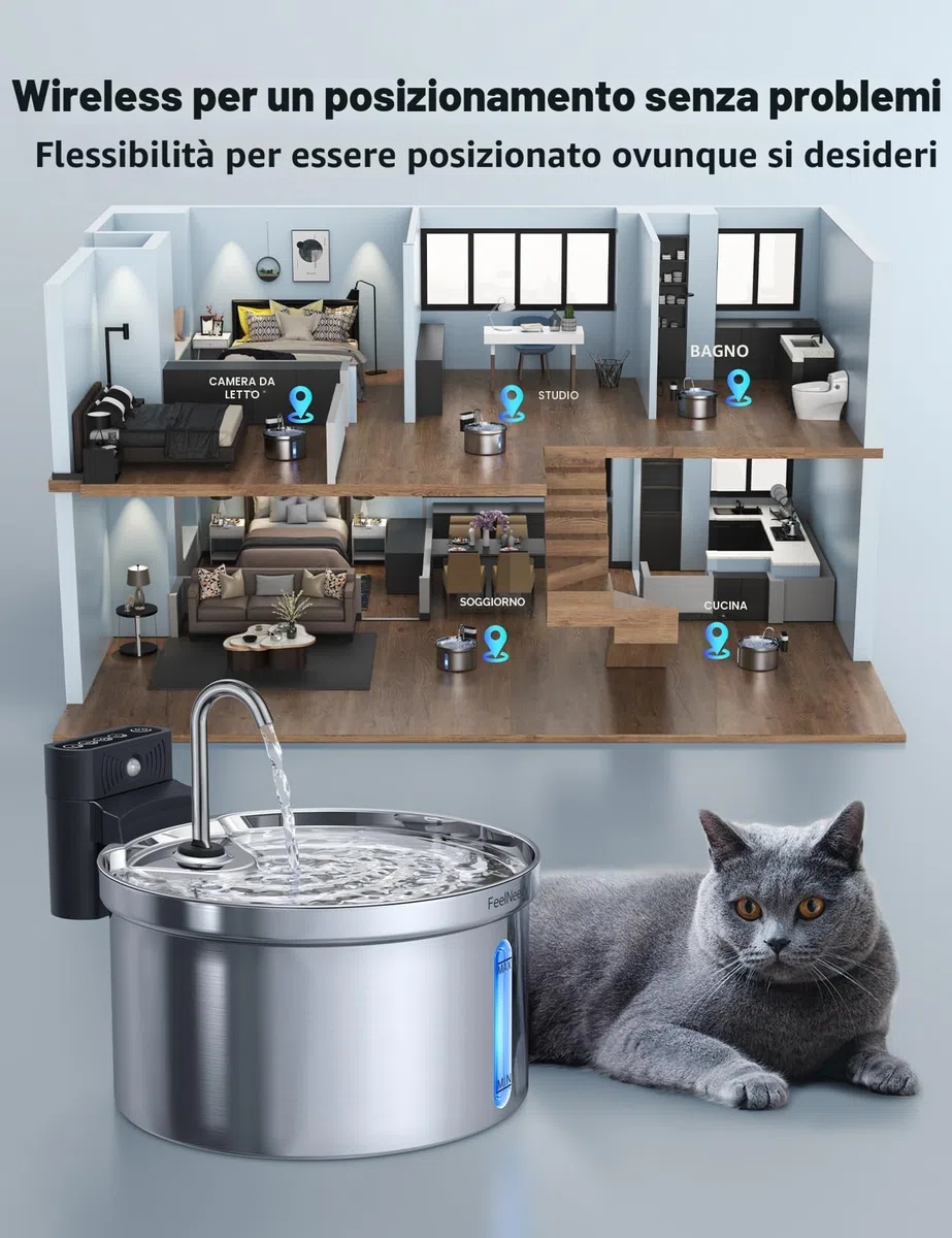 Fontanella per Gatti Senza Fili con Sensore [Separazione acqua e batteria] FEELNEEDY Distributore Automatico d'acqua in Acciaio Inox, Fontana a Batteria 4000mAh- 3.5L con 6 Set Filtri