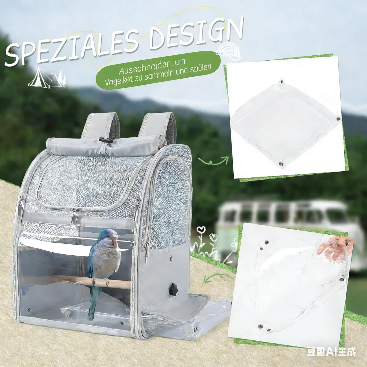 Borsa a Spalla per Trasporto di Uccelli per Pappagallini e Pappagalli, Borsa Impermeabile con 2 Perches e Vassoio, Gabbia da Viaggio Traspirante per Calopsiti, Leggera, 33,5x29x43 cm