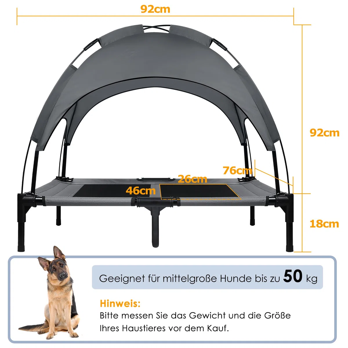 UISEBRT Cuccia Rialzata per Cani con Baldacchino e Tetto Impermeabile, Lettino da Esterni con Rete Traspirante per Campeggio, Spiaggia - Misura L, 92 x 76 x