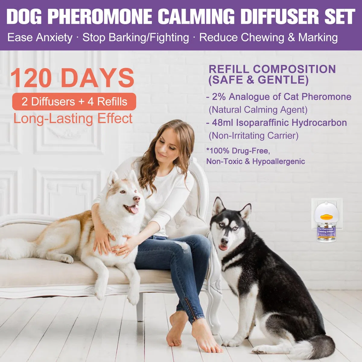 SLE Feromoni per Cani Calmante (2 Diffusore + 4 Ricaricha) Risolve i Problemi di Marcatura con L'urina, Comportamento di Abbaiare, Ricarica del Cani Diffusore del Feromone All'Ansia Rimani più Calmo