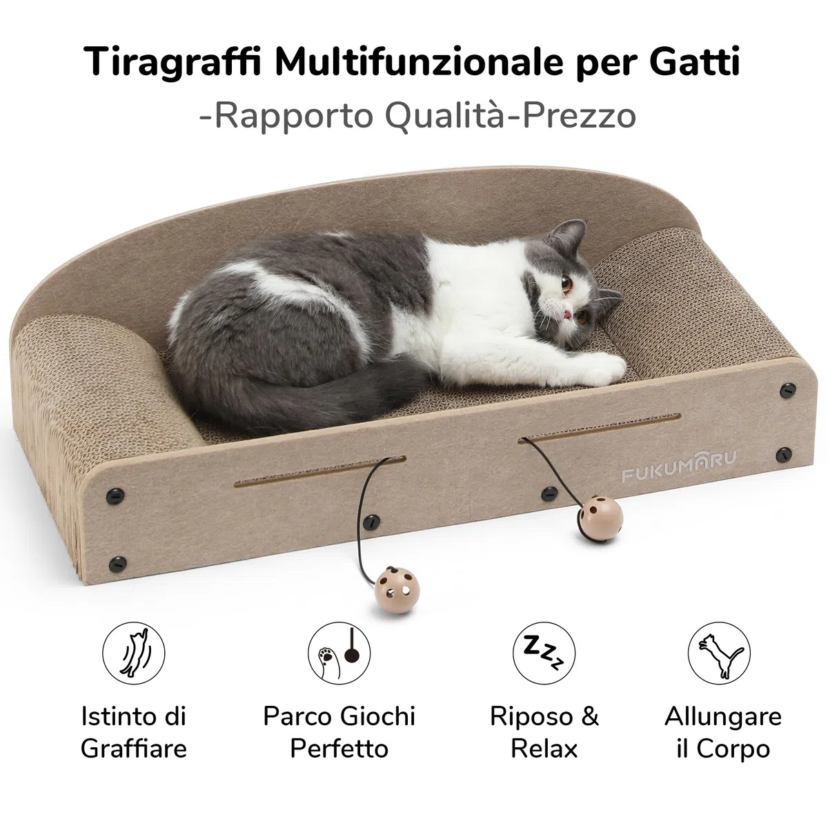 FUKUMARU Tiragraffi Per Gatti da 66 cm In Cartone Resistente,Letto e Divanetti per Gatti.Tappetino Tiragraffi per Gatti In Cartone Riciclabile Con Pallina da Giocare.