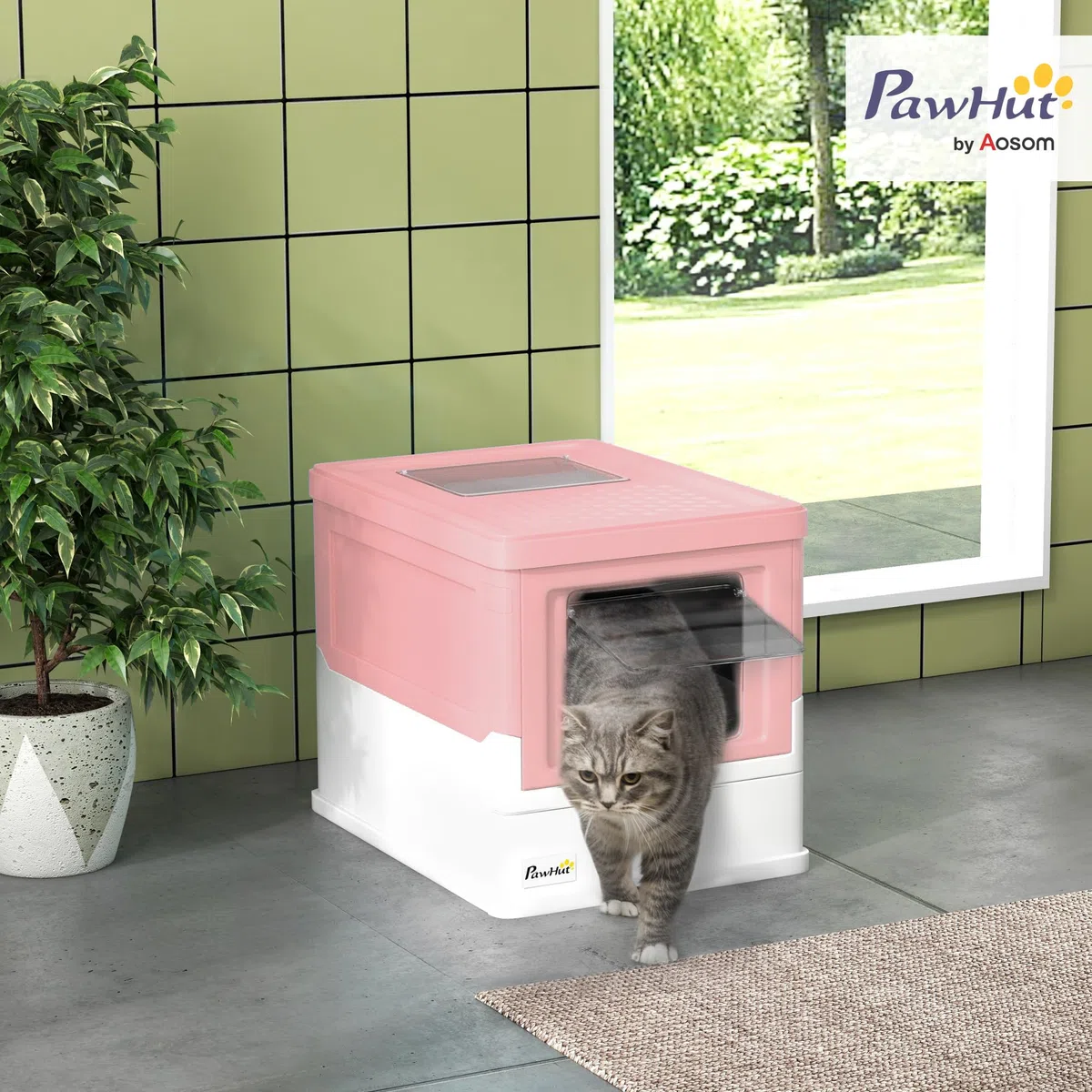 PawHut Lettiera per Gatti Chiusa in PP con Paletta Inclusa, Design Pieghevole, Cassetta Igienica per Gatto con Vassoio Estraibile e 2 Porte, 47.5x35.5x36.7 cm, Rosa e Bianco