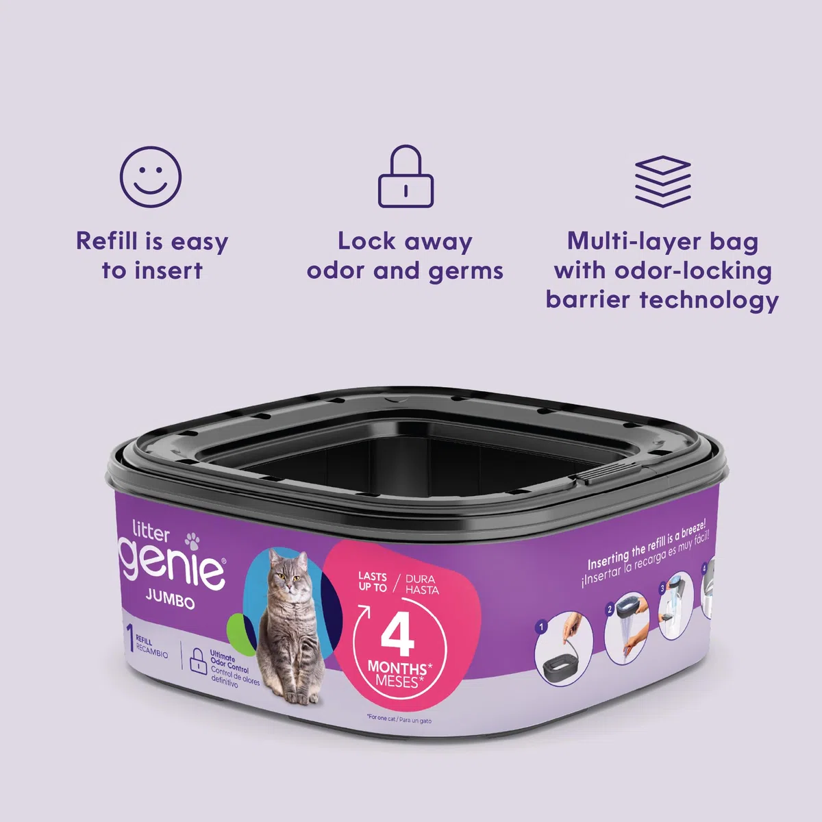 Litter Genie Sacchetti di Ricarica Jumbo (Confezione da 2) | Tecnologia Multistrato di barriera Contro Gli odori | 1 Cartuccia di Ricarica Quadrata Dura Fino a 4 Mesi per Gatto