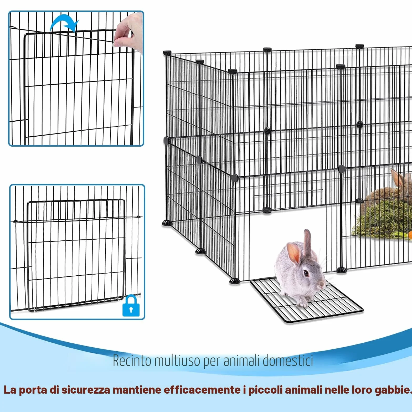 Froadp Recinzione per piccoli animali, 142 x 72 x 36 cm, singola, coniglio, XL, in metallo, con porta, beccuccio per porcellini d'India, per piccoli animali, gabbia roditori (nero)