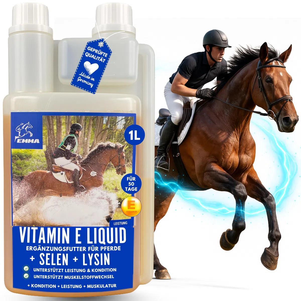 Vitamina E Cavallo I Selenio Cavallo I Vitamina E Selenio Lisina Cavallo I VIT E Mangime supplementare Booster energetico Muscolo I Costituzione muscolare I mangime Senior Selenio altamente dosato 1L