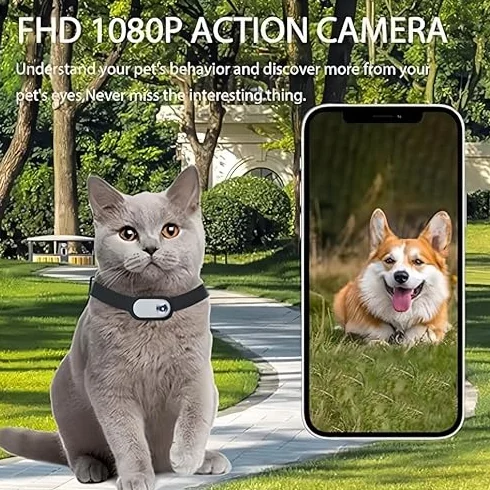 Bewinner Collare per fotocamera granangolo 120°, telecamera sportiva animale domestico schermo LCD 0,96 pollici HD 1080P multifunzione