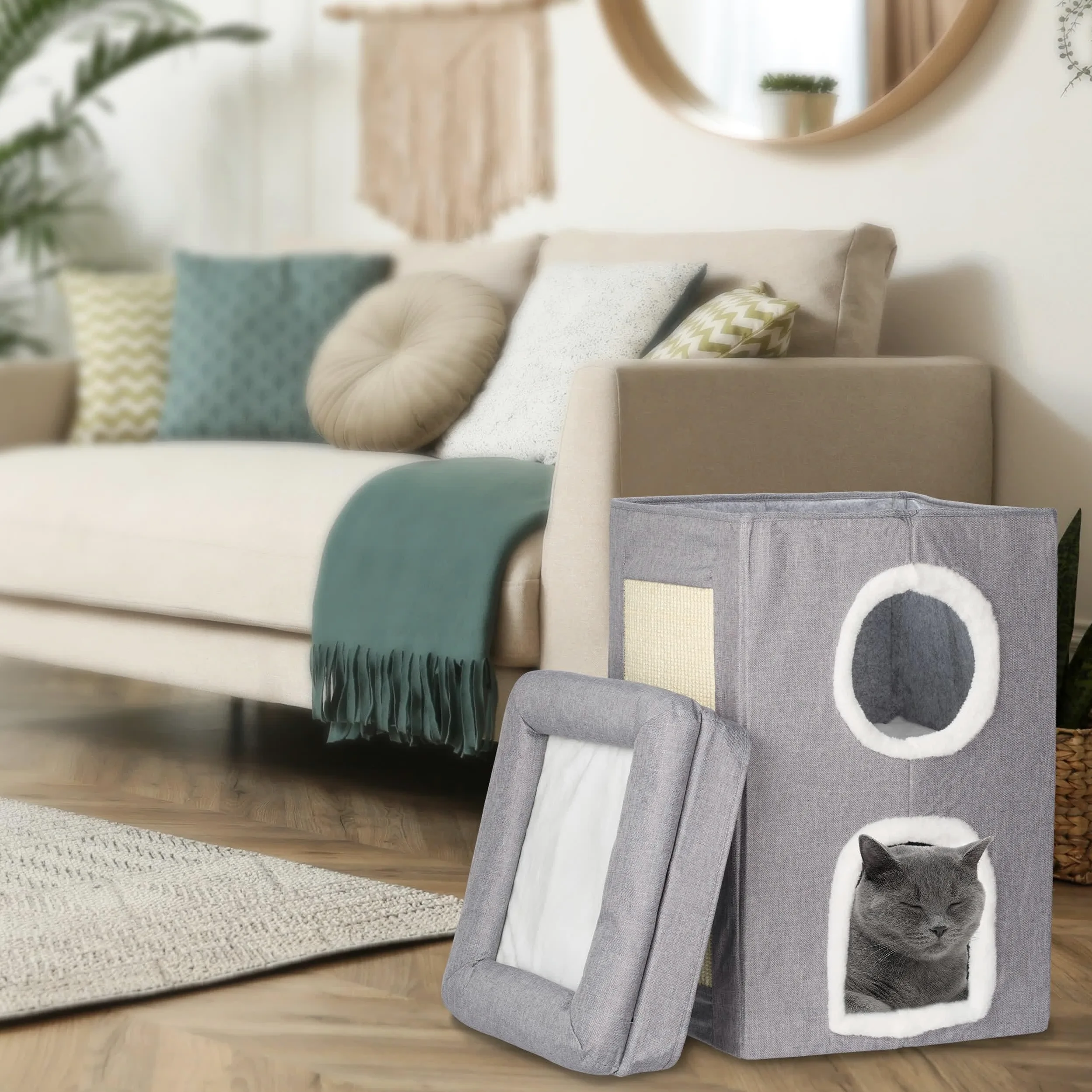 Relaxdays Casa per Gatti, Cuccia Morbida Pieghevole, HLP: 63x40x40 cm, 3 Piani, Tiragraffi per Unghie, Grigio Bianco