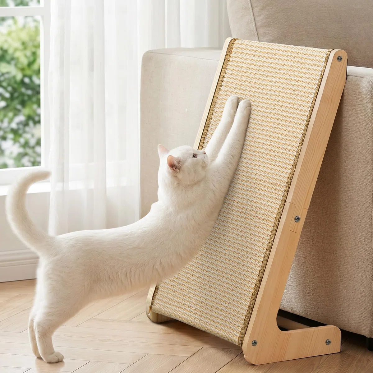 Gimars Tiragraffi per Gatti in Legno di Pino e Sisal Naturale, Tappeto Tira Graffi Multifunzionale a L, Scivolo e Pedana Regolabile Orizzontale e Verticale per Divano, Letto e Parete