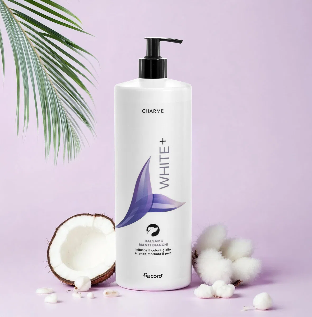 Record Charme White+ Balsamo Idratante per Cani, per Manti Bianchi. Conditioner professionale per cani con Olio di Cotone e di Cocco con azione sbiancante anti-giallo, Made in Italy da 1L