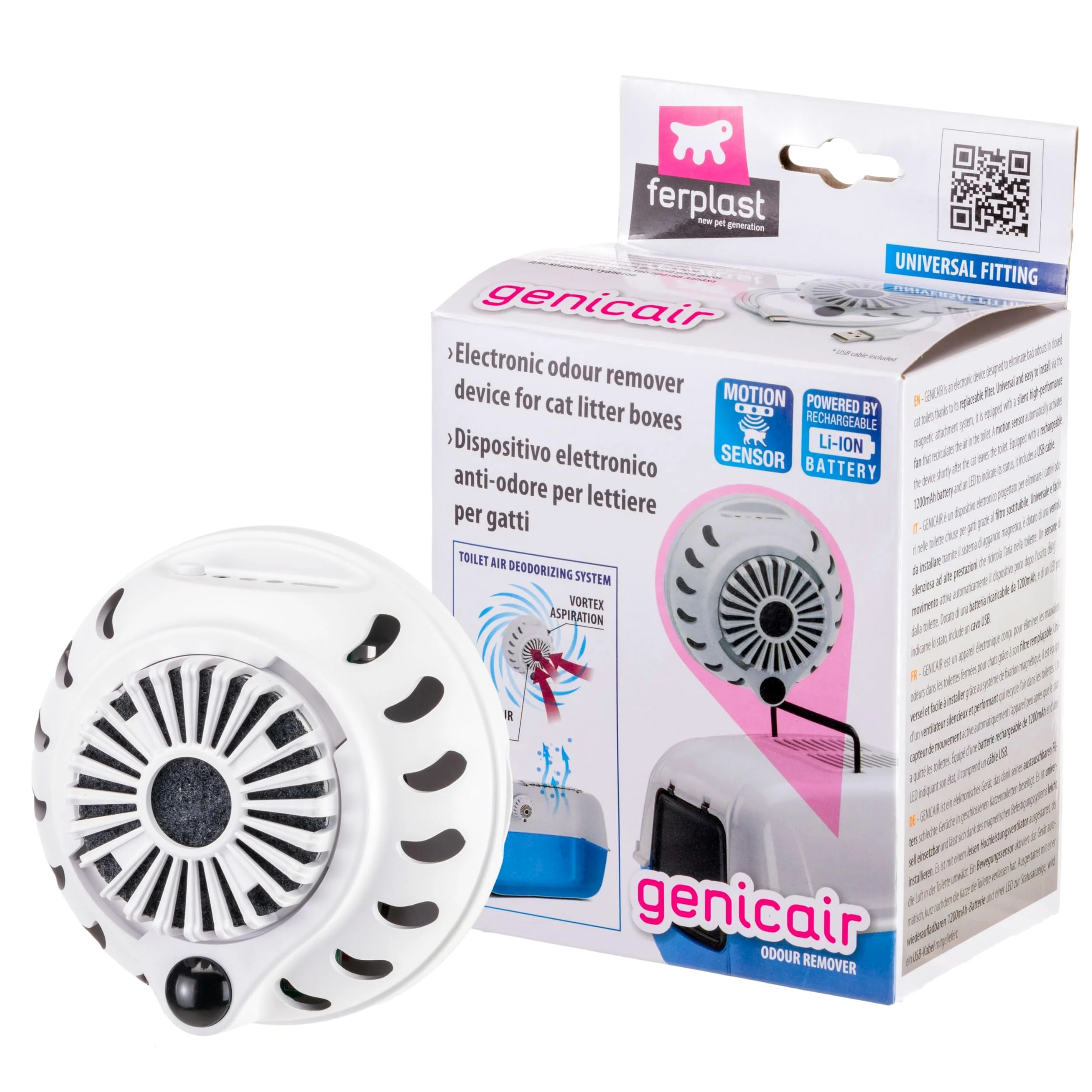 Ferplast Deodorante Lettiera Chiusa Gatto con Sensore di Movimento, Ultra Silenzioso, Programmazione Smart, Fissaggio Magnetico, Ricaricabile con USB, Filtro Elimina Odori Incluso