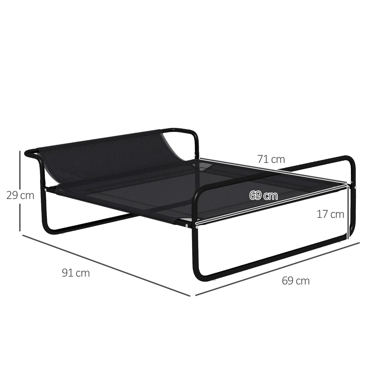PawHut Lettino per Cani Rialzato, Letto da Campeggio per Cani e Gatti con Poggiatesta, Tessuto Traspirante Texteline, per Interno ed Esterno, 91x69x29 cm, Nero