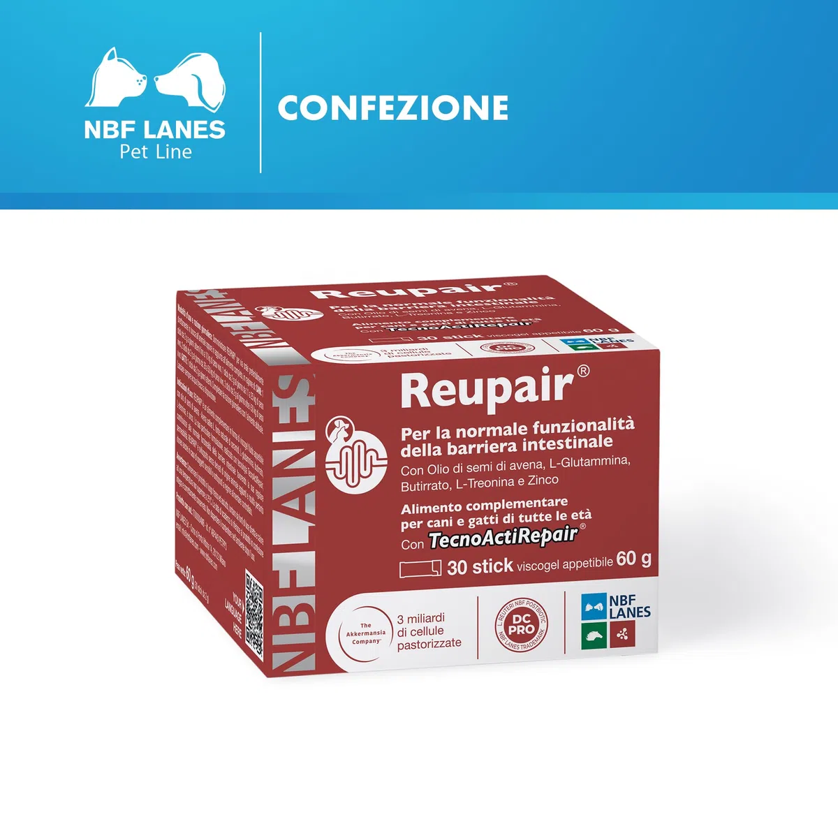 NBF LANES | Reupair Cane e Gatto, Viscogel 30 Stick da 2g (60 g), Per la Normale Funzionalità Barriera Intestinale