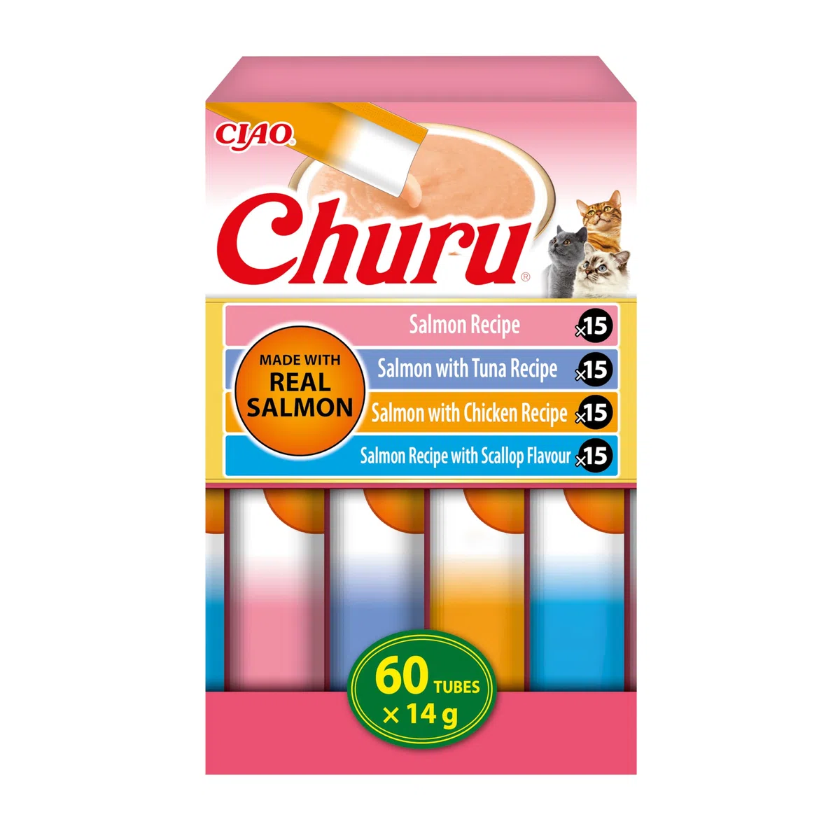 INABA Churu Salmon Variety Pack, Snack Cremosi per Gatti in Morbido Purè da Dare a Mano, Ricette con Salmone, Tonno, Pollo e Capesante, Ingredienti di Alta Qualità, Ricchi di Umidità, 60 stick da 14g