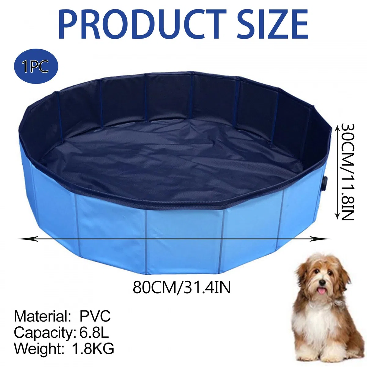 Piscina per cani, grande, 80 x 30 cm, pieghevole, per animali domestici, antiscivolo, portatile, in PVC, blu