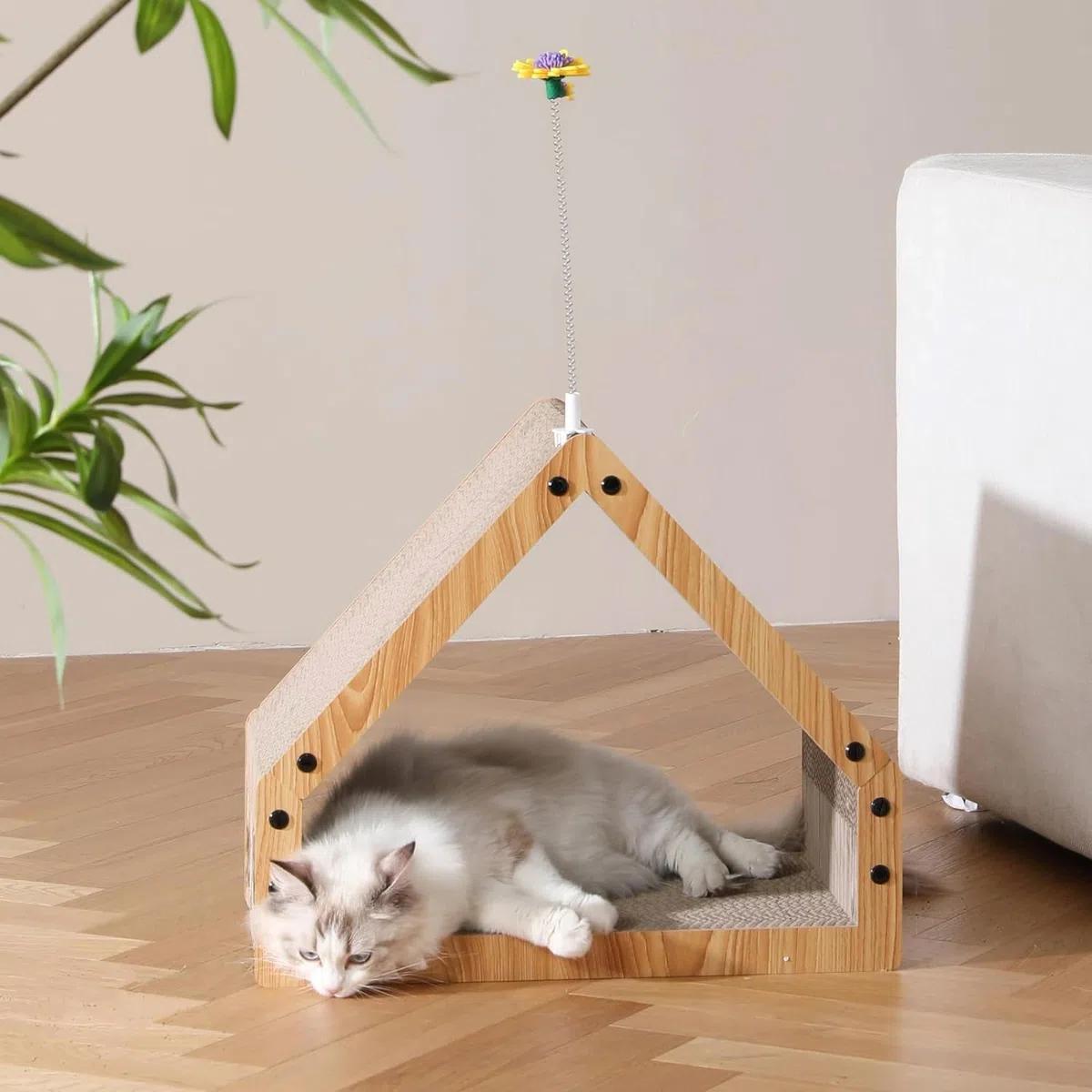 FUKUMARU Tiragraffi Per Gatti, Tiragraffi A Forma Di Casa Extra Lungo 42 cm Per Gatti, Tiragraffi In Cartone,Lettino Giardino,Carico Massima di 10 KG, Grande,Divertente.