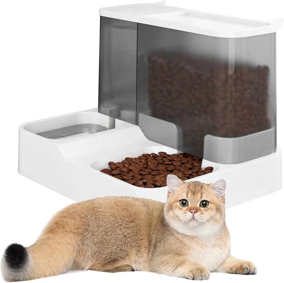 Distributore Automatico 2-in-1 Cibo e Acqua per Gatti 3,8L | A gravità, senza BPA, 2,8L cibo + 1L acqua, a prova di perdite, senza corrente, per gatti e piccoli cani