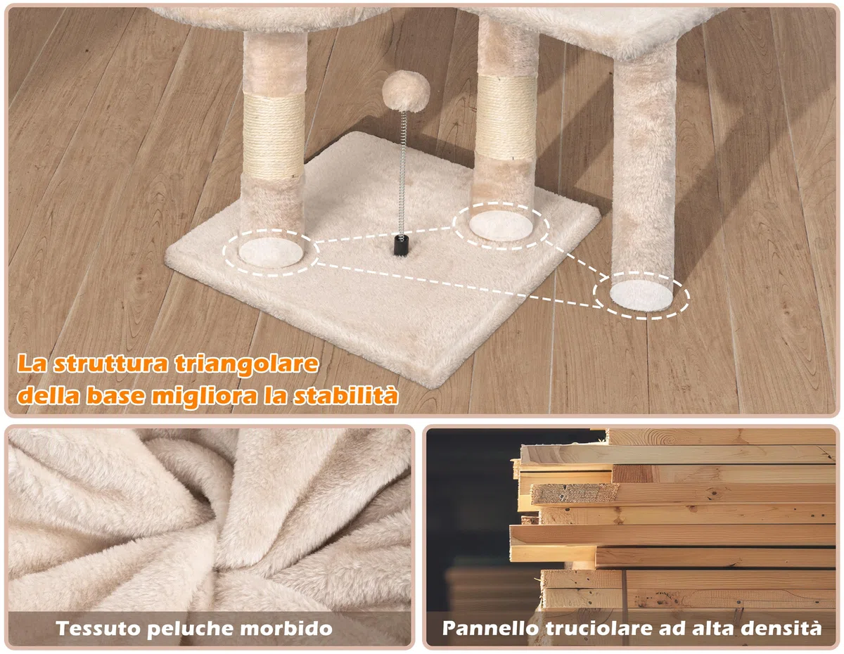 HOMIDEC Tiragraffi per Gatti,112cm Multifunzionale Alberi Tiragraffi Stabile con 4 Pali in Sisal,3 Piattaforme e 1 Cuscino per Albero Gatti Ideale per Gioco e Relax-Beige