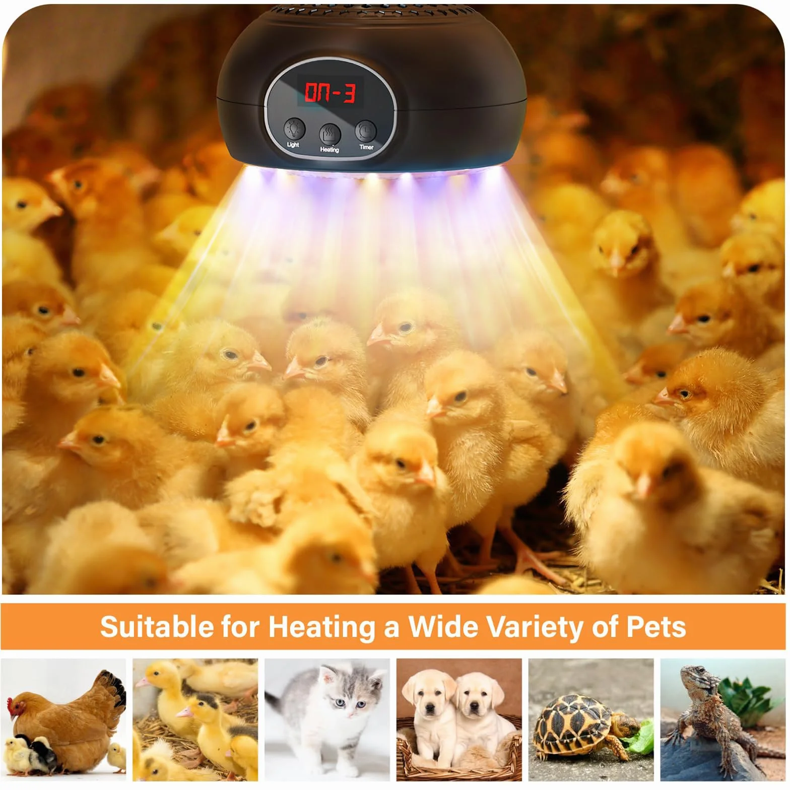 Lampade Riscaldanti per Pollaio, Lampada Riscaldante da 200 W-350 W-500 W per Rettili con Luce UVA/UVB 3-6-9-12H Timer, Lampada Riscaldante Portatile per Serre, Rettili, Cani e Gatti