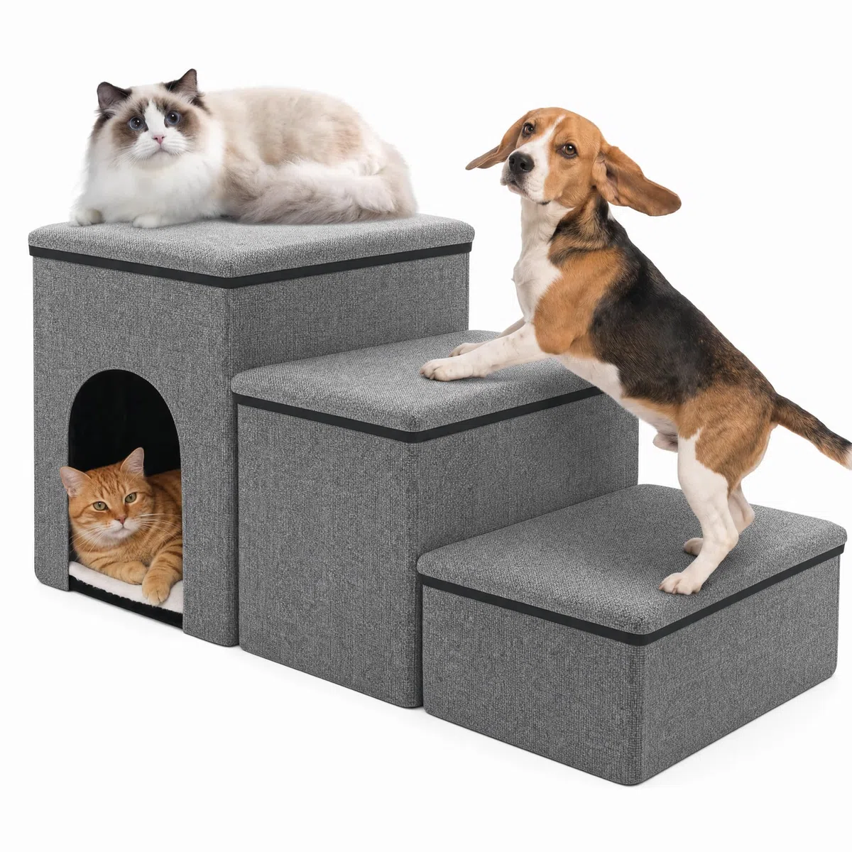 Scaletta Per Cani Scala Per Rampa Per Cani Piccoli con Vano Portaoggetti e Apertura per Gatti, Scaletta Pieghevole Ampia con Base Antiscivolo Letto e Divano (Grigio)