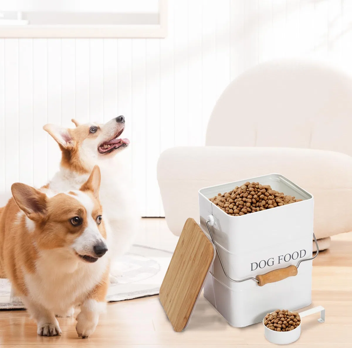Geyecete Contenitore Crocchette Cane-6L Contenitore per Alimenti in Metallo con Ermetici Legno Coperchi/Maniglia,per Cibo per Gatti, Cani
