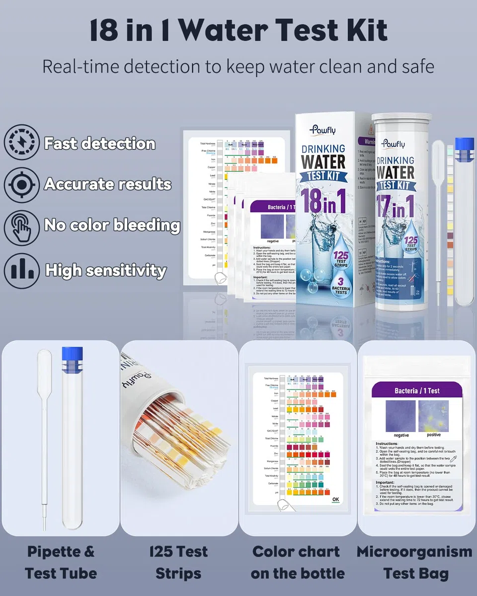 Pawfly Tester Acqua Potabile 18 in 1 con 125 strisce e 3 sacchetti test batteri per acqua di rubinetto pozzo piscina acquario. Controlla pH durezza cloro piombo ferro nitrato fluoruro e altro