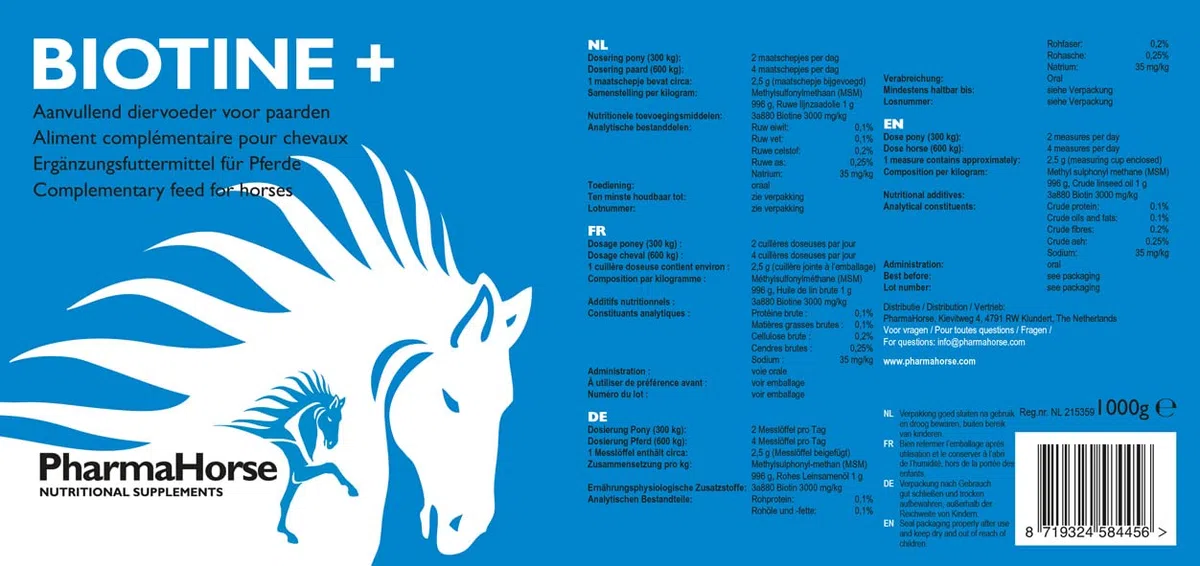 PharmaHorse Biotin+ | Pelle | Sistema nervoso | Metabolismo energetico | 100% Senza zuccheri aggiunti | 1000 Grammi