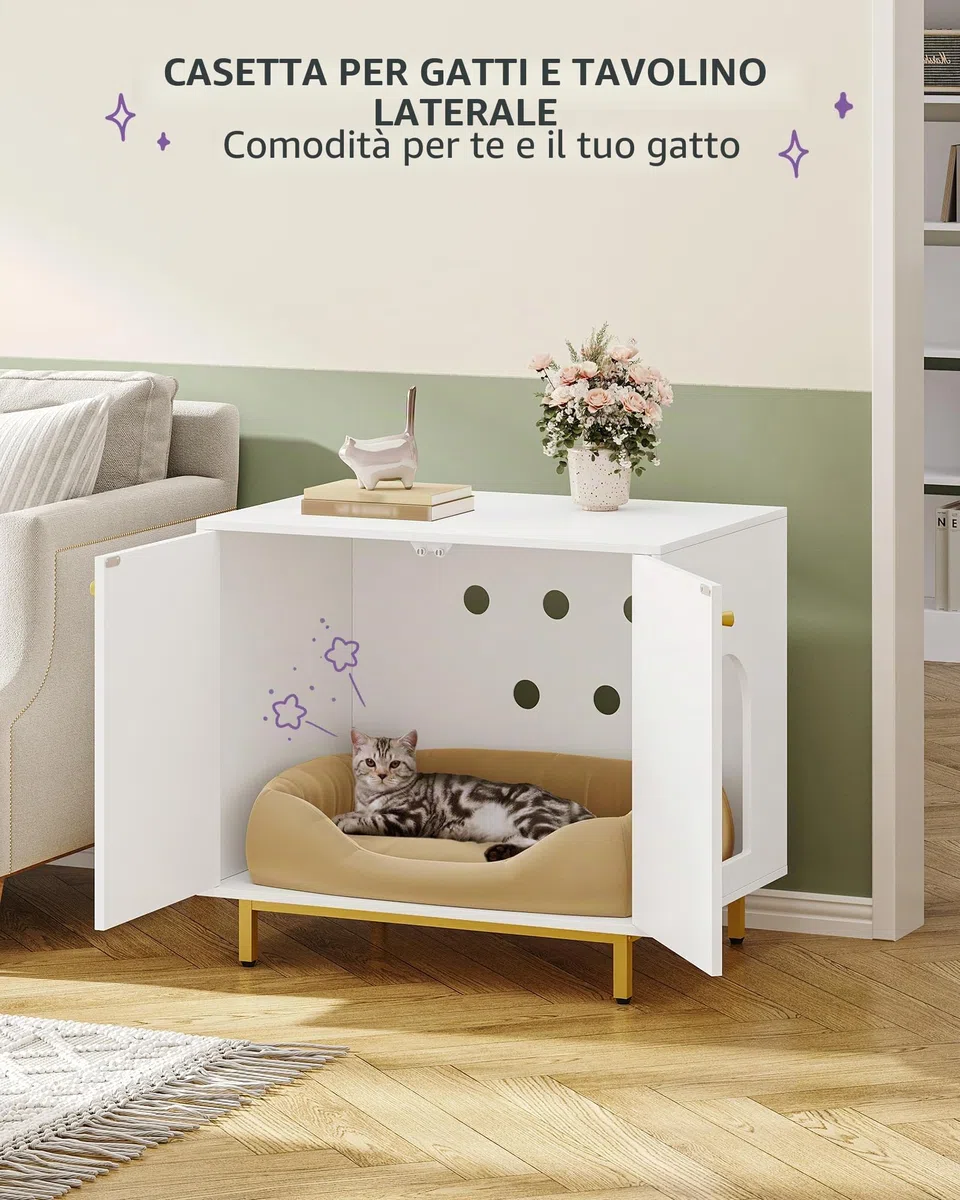 Hzuaneri Casa Della Toilette Per Gatti, Mobile Nascosto, Tavolino in Legno per Animali Domestici, Panca per Armadietto, Adatto Alla Maggior Parte dei Gatti, 80 x 55 x 70 cm, Bianco e Oro CB85003G