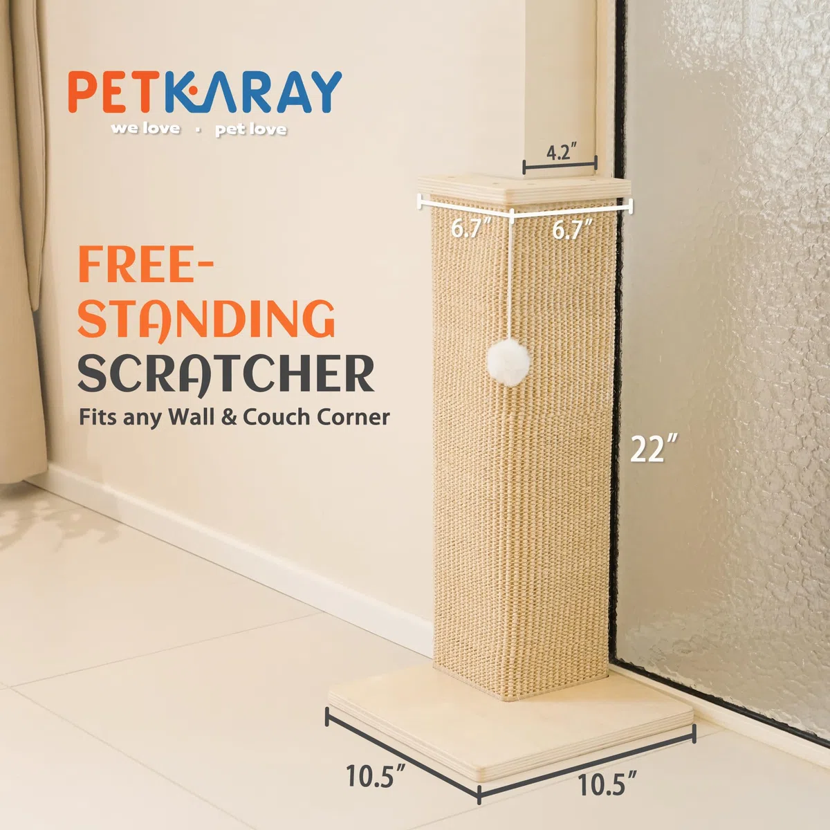 PETKARAY Tiragraffi angolare per gatti, 55,9 cm, in sisal, per gatti interni, protezione per mobili da parete, con palla giocattolo