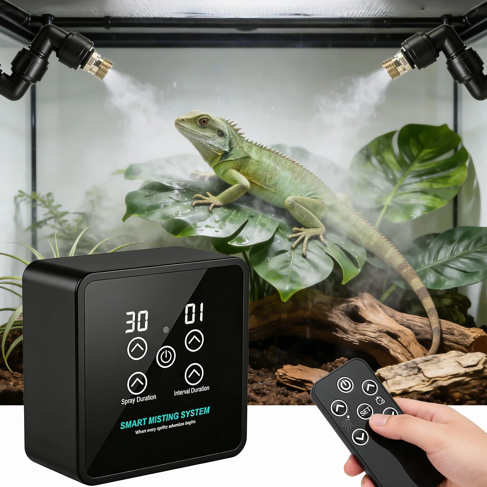 Umidificatore Rettile, Sistema di Spruzzatura Intelligente Rettile Con Telecomando, Sistema Nebbia Rettile, Atomizzatore Automatico Rotabile A 360° Per Rettili Per Anfibi/Herps/Erbe