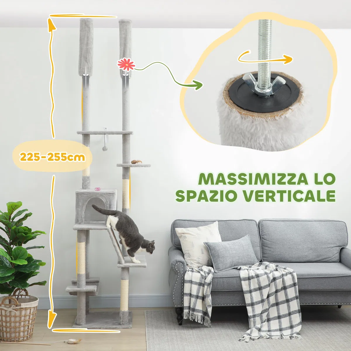 PawHut Albero Tiragraffi per Gatti Adulti a Soffitto con Altezza Regolabile 225-255 cm, Torre per Gatti Multilivello con Piattaforme, Casetta, Amaca, Palline e Pali in Sisal per Interno, Grigio Chiaro