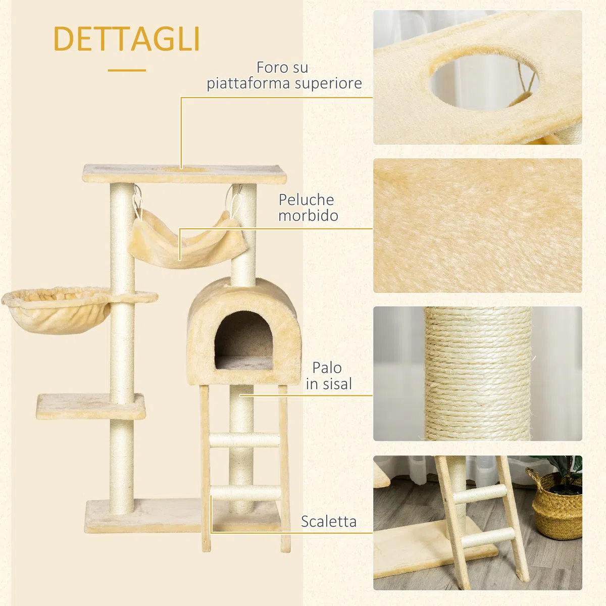 PawHut Albero Tiragraffi per Gatti Multilivello con Amaca e Casetta, Corde in Sisal Naturale, Beige, Altezza 98cm