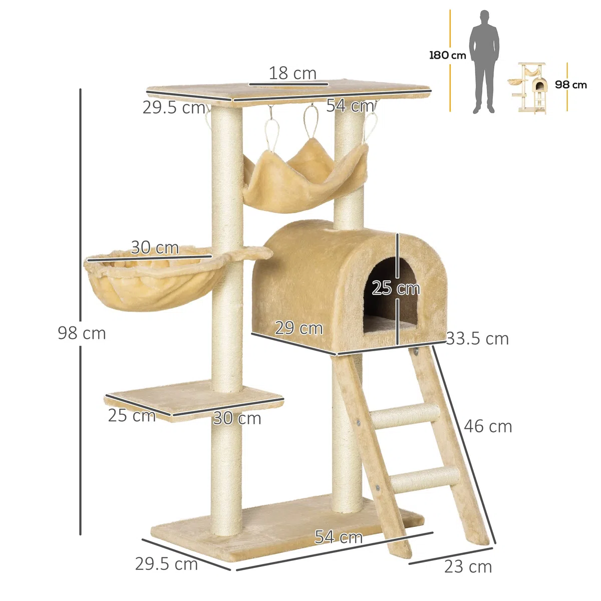PawHut Albero Tiragraffi per Gatti Multilivello con Amaca e Casetta, Corde in Sisal Naturale, Beige, Altezza 98cm