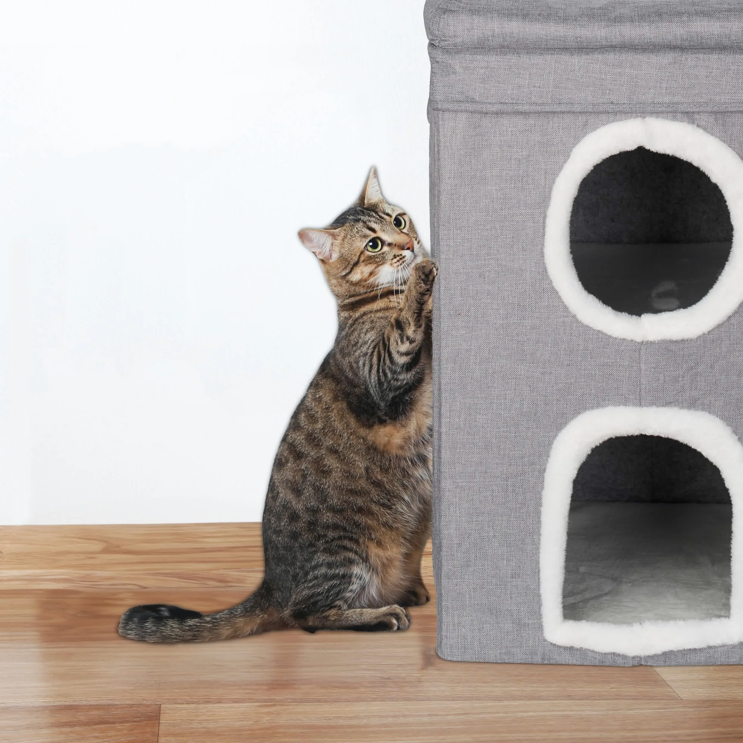 Relaxdays Casa per Gatti, Cuccia Morbida Pieghevole, HLP: 63x40x40 cm, 3 Piani, Tiragraffi per Unghie, Grigio Bianco