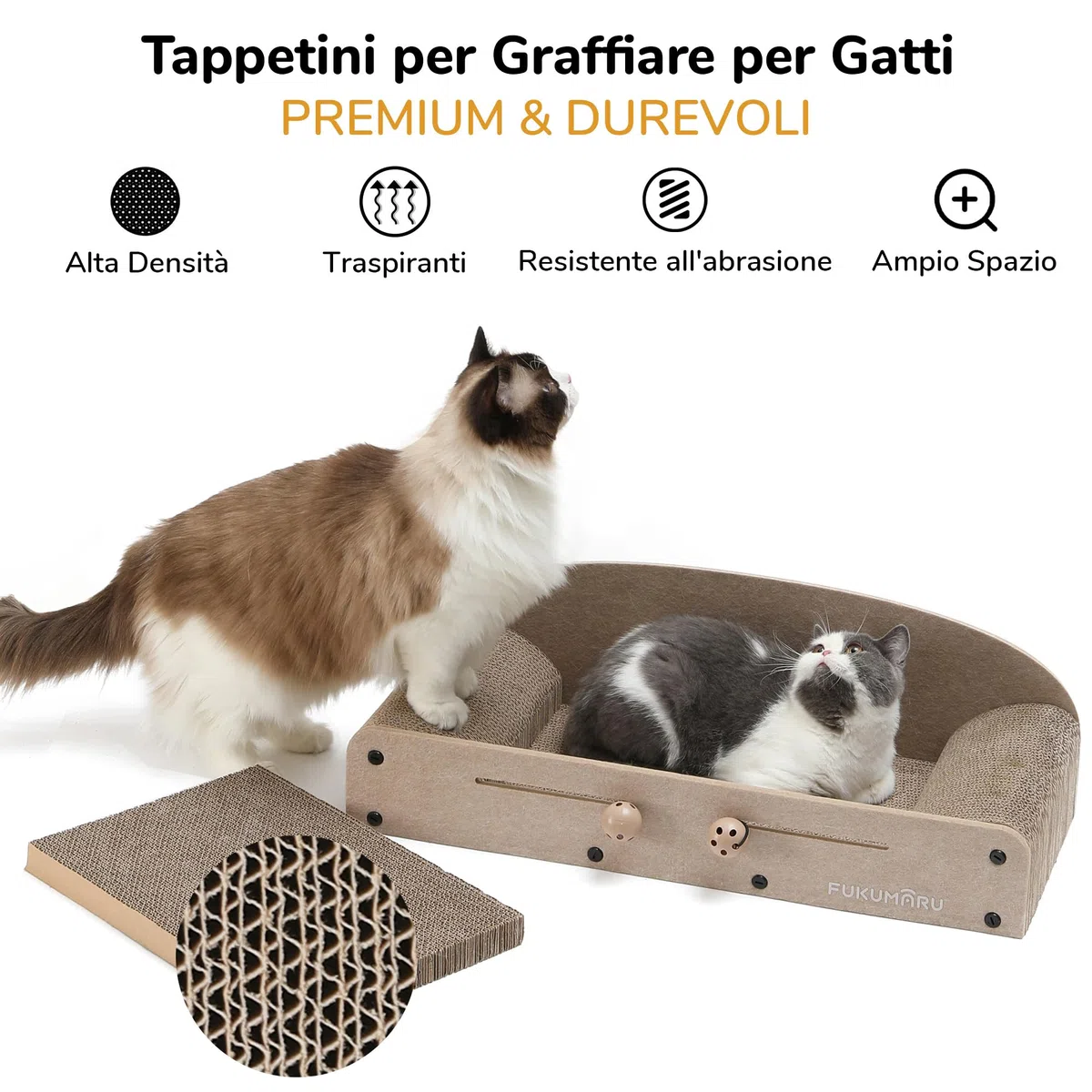 FUKUMARU Tiragraffi Per Gatti da 66 cm In Cartone Resistente,Letto e Divanetti per Gatti.Tappetino Tiragraffi per Gatti In Cartone Riciclabile Con Pallina da Giocare.