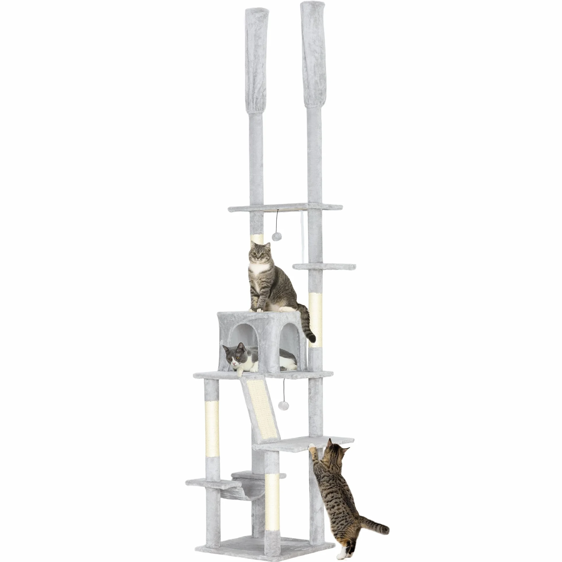 PawHut Albero Tiragraffi per Gatti Adulti a Soffitto con Altezza Regolabile 225-255 cm, Torre per Gatti Multilivello con Piattaforme, Casetta, Amaca, Palline e Pali in Sisal per Interno, Grigio Chiaro