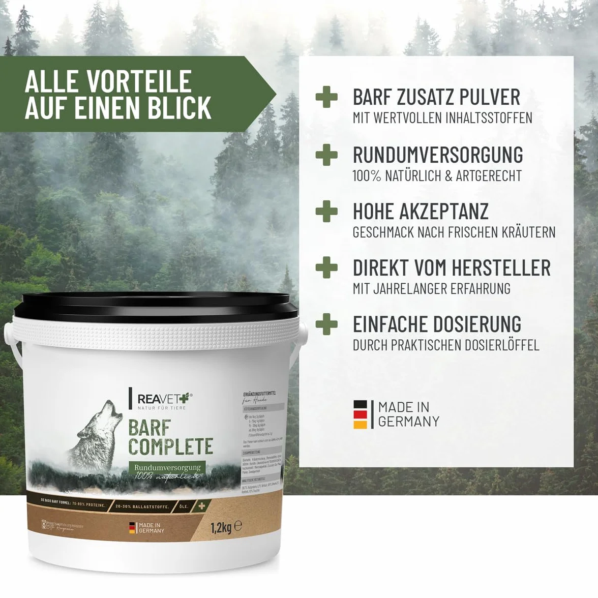 ReaVET Barf Complete Polvere per Cani 1,2 kg - Barfen per Cani, Additivo Completo Barf, Minerali & Vitamine, Barf per Cani