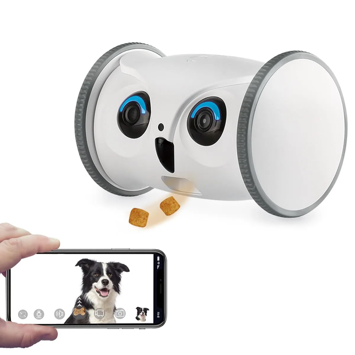 SKYMEE Owl Robot: fotocamera Full HD per animali domestici 1080P con distributore di caramelle, giocattolo interattivo per cani e gatti, monitoraggio mobile a casa completa tramite app, conversazione