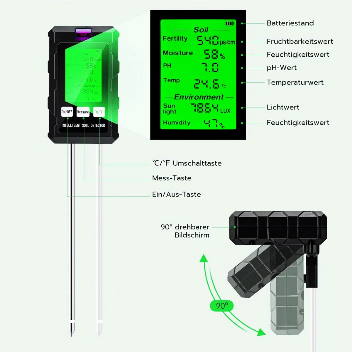 Misuratore PH Terreno 6 in 1, Misuratore Umidità Terreno, Fertilità del Suolo, Temperatura, PH,Luce Solare e Umidità Ambientale, per Giardinaggio,Prato,Agricoltura,Piante