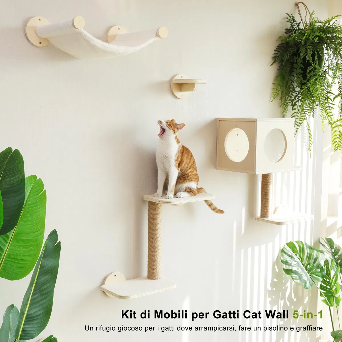 FUKUMARU Mensole da Parete per Gatti, Set Arrampicata per Gatti da Parete di 5 Pezzi, Piattaforme in Legno Stabile, Amaca, Casetta, Scalini e Tiragraffi Integrato - Design Moderno Beige