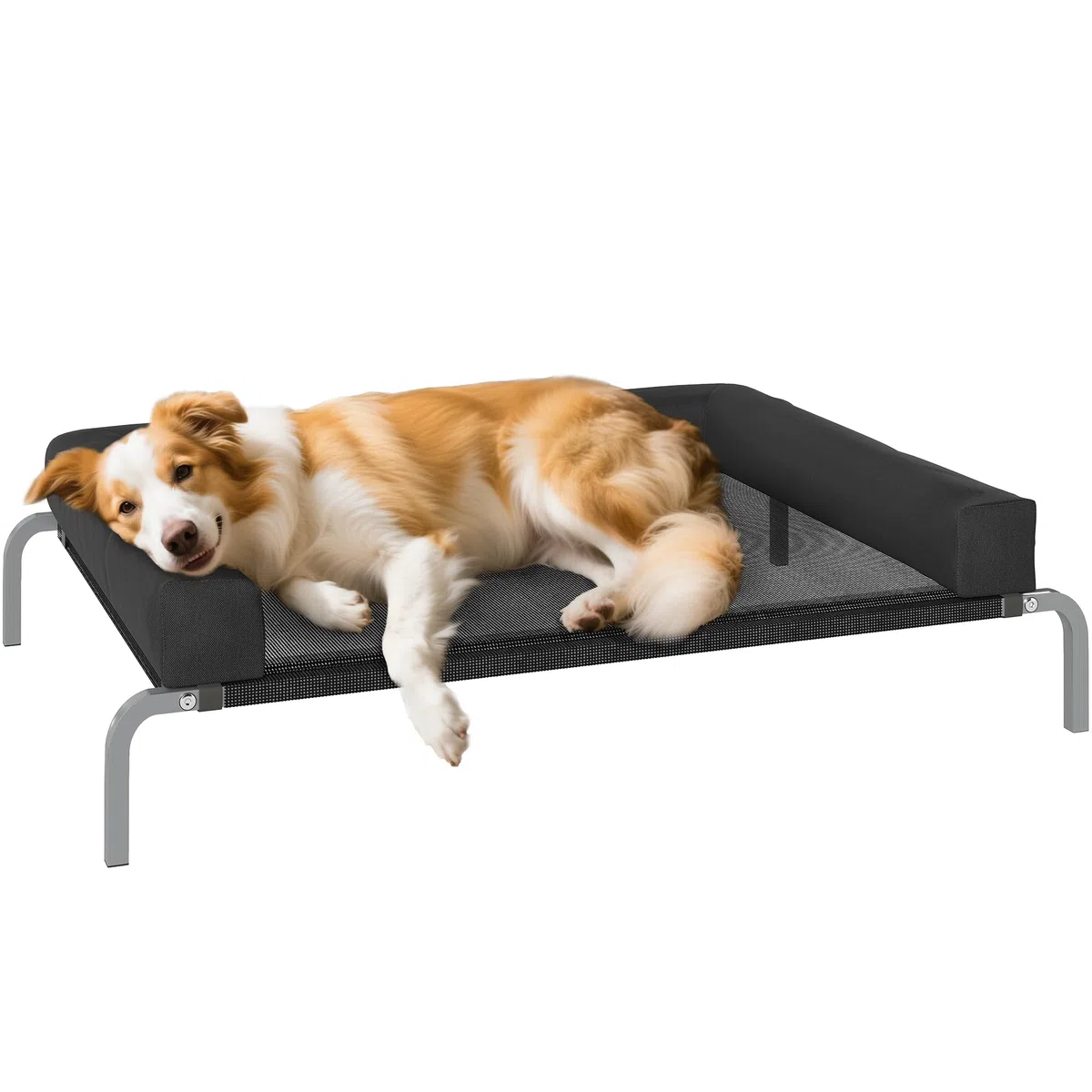 PawHut Brandina per Cani di 19.5 cm con Cuscino Lavabile a U, Lettino per Cani Rialzato in Tessuto Oxford, Texteline e Acciaio, Letto per Gatti da Interno, 110x75x30 cm, Nero e Argento