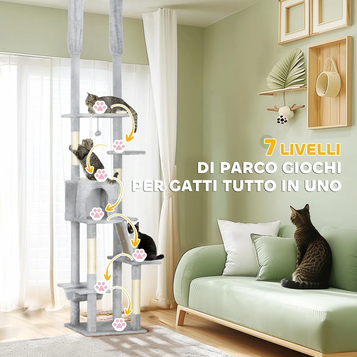 PawHut Albero Tiragraffi per Gatti Adulti a Soffitto con Altezza Regolabile 225-255 cm, Torre per Gatti Multilivello con Piattaforme, Casetta, Amaca, Palline e Pali in Sisal per Interno, Grigio Chiaro