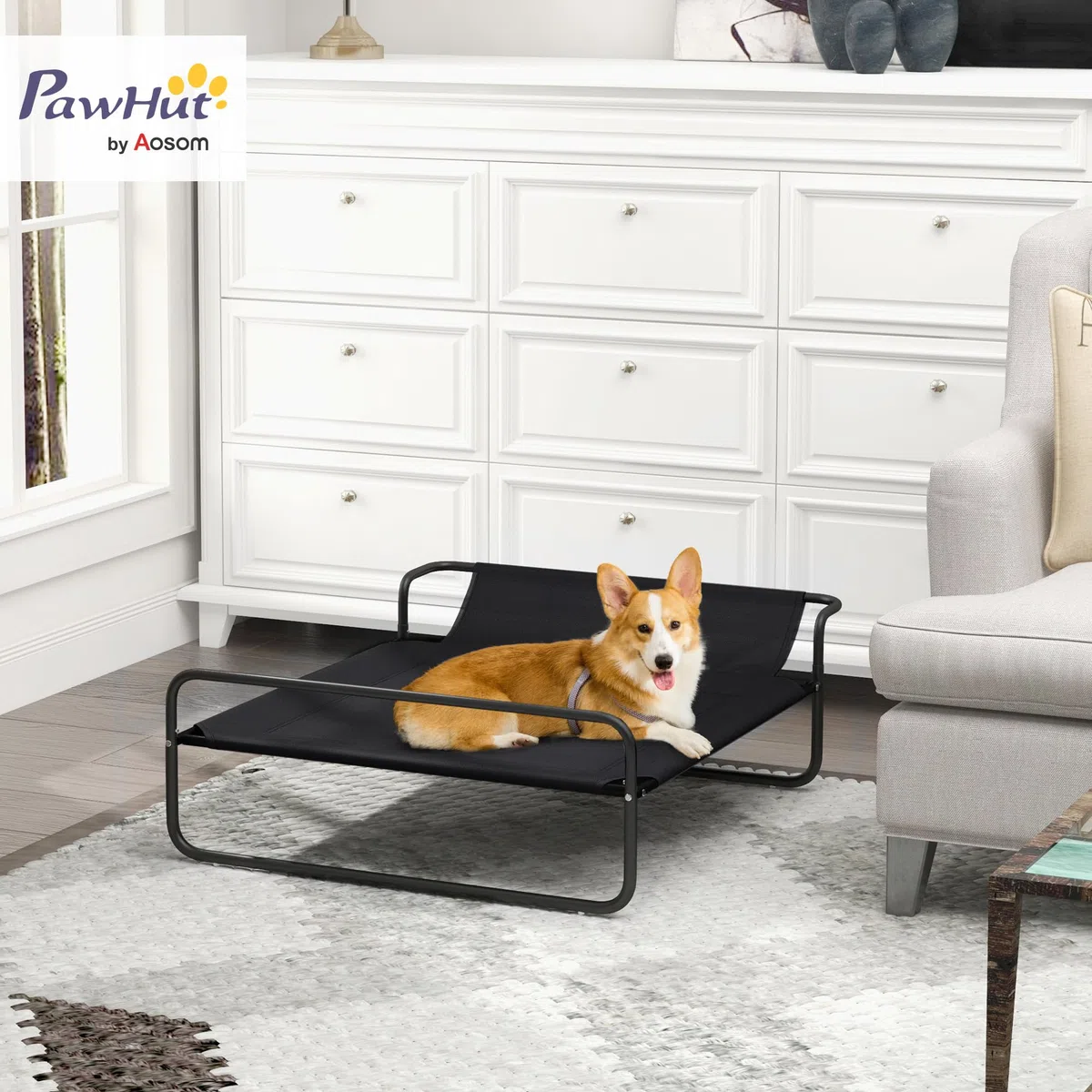 PawHut Lettino per Cani Rialzato, Letto da Campeggio per Cani e Gatti con Poggiatesta, Tessuto Traspirante Texteline, per Interno ed Esterno, 91x69x29 cm, Nero