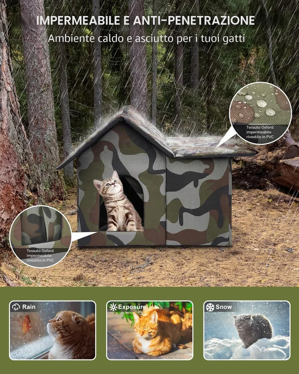 Cuccia per Gatti, Cuccia Gatto Esterno Impermeabile Pieghevole, Casetta per Gatti da Esterno per Animali Randagi 40 X 45 X 45 cm (Verde)