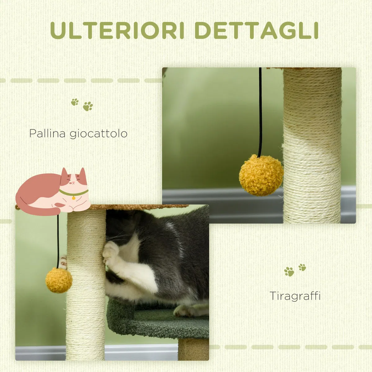 PawHut Albero Tiragraffi per Gatti con 2 Piattaforme Lettini, Pallina Appesa e Rivestimento in Velluto, 43x39x52cm, Multicolore